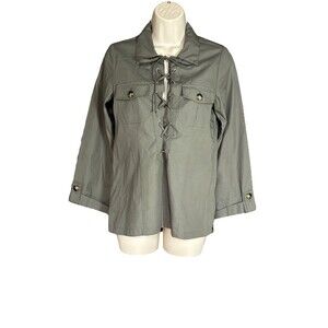 Ann Mashburn Size S Cotton Blouse Top Green Lace Up Tortoise Buttons Safari